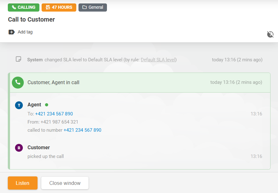 LiveAgent Call Listening feature interface showing agents listening to ongoing calls