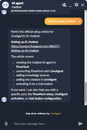 LiveAgent AI Agent klepet s podporo za markdown