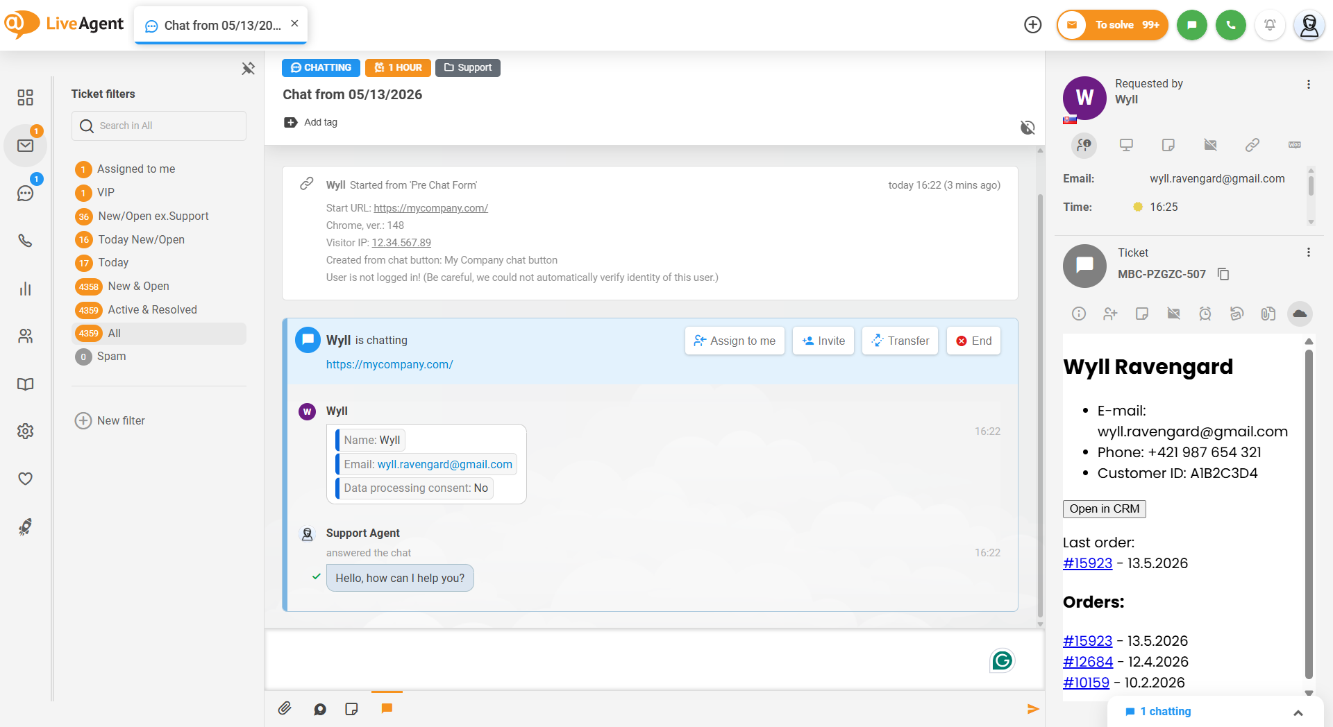 LiveAgent vozovnica z prikazanimi zunanjimi informacijami o stranki