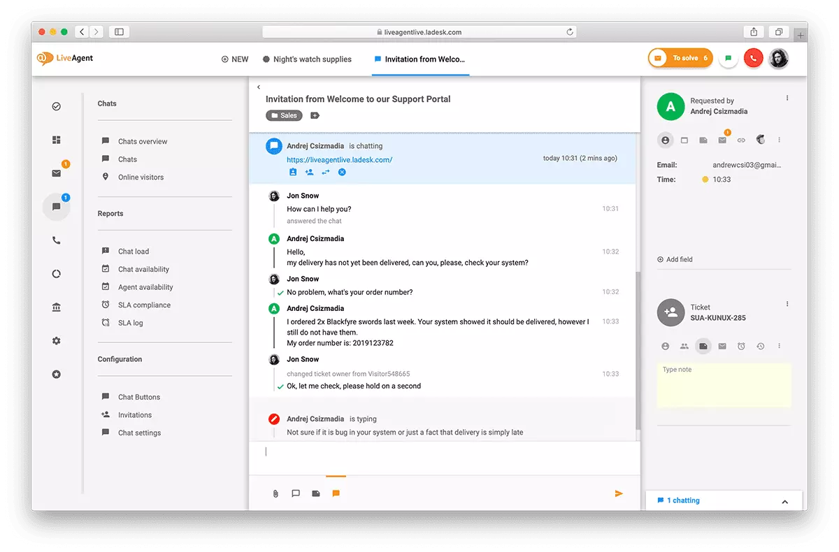 Pregled vmesnika neposrednega klepeta v LiveAgentu.