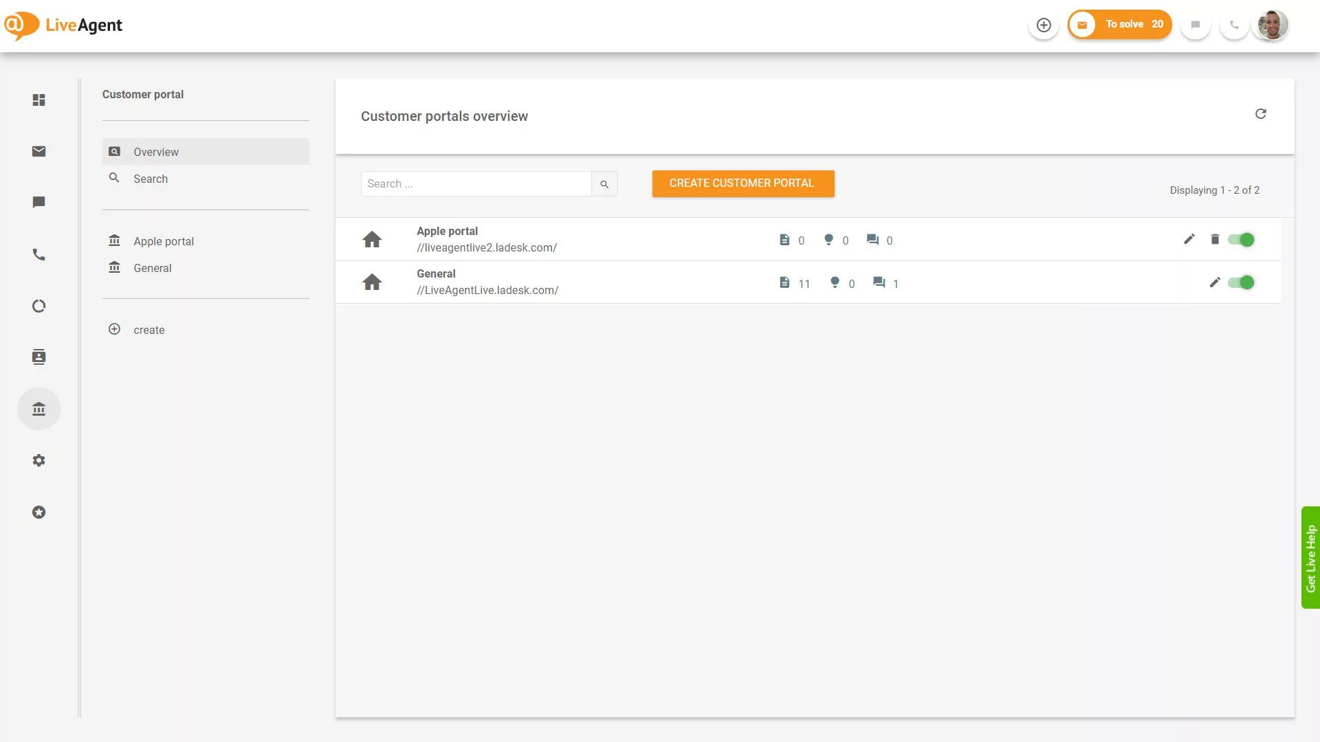 Pregled vstopnic LiveAgent v aplikaciji