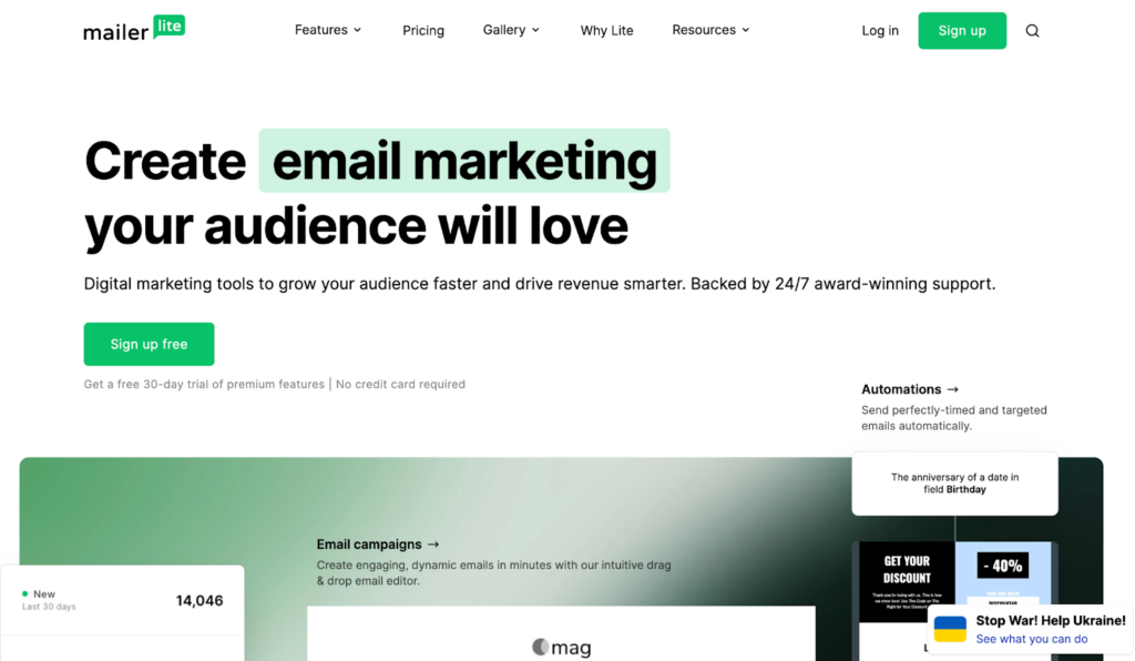 Domača stran Mailerlite, uporabniku prijazen sistem za upravljanje e-pošte