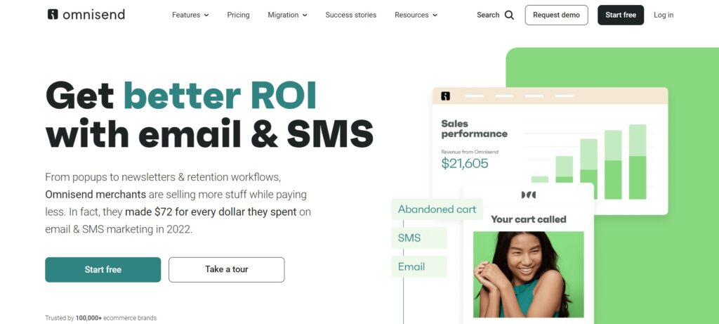Domača stran Omnisend, platforma za e-poštni marketing v e-trgovini