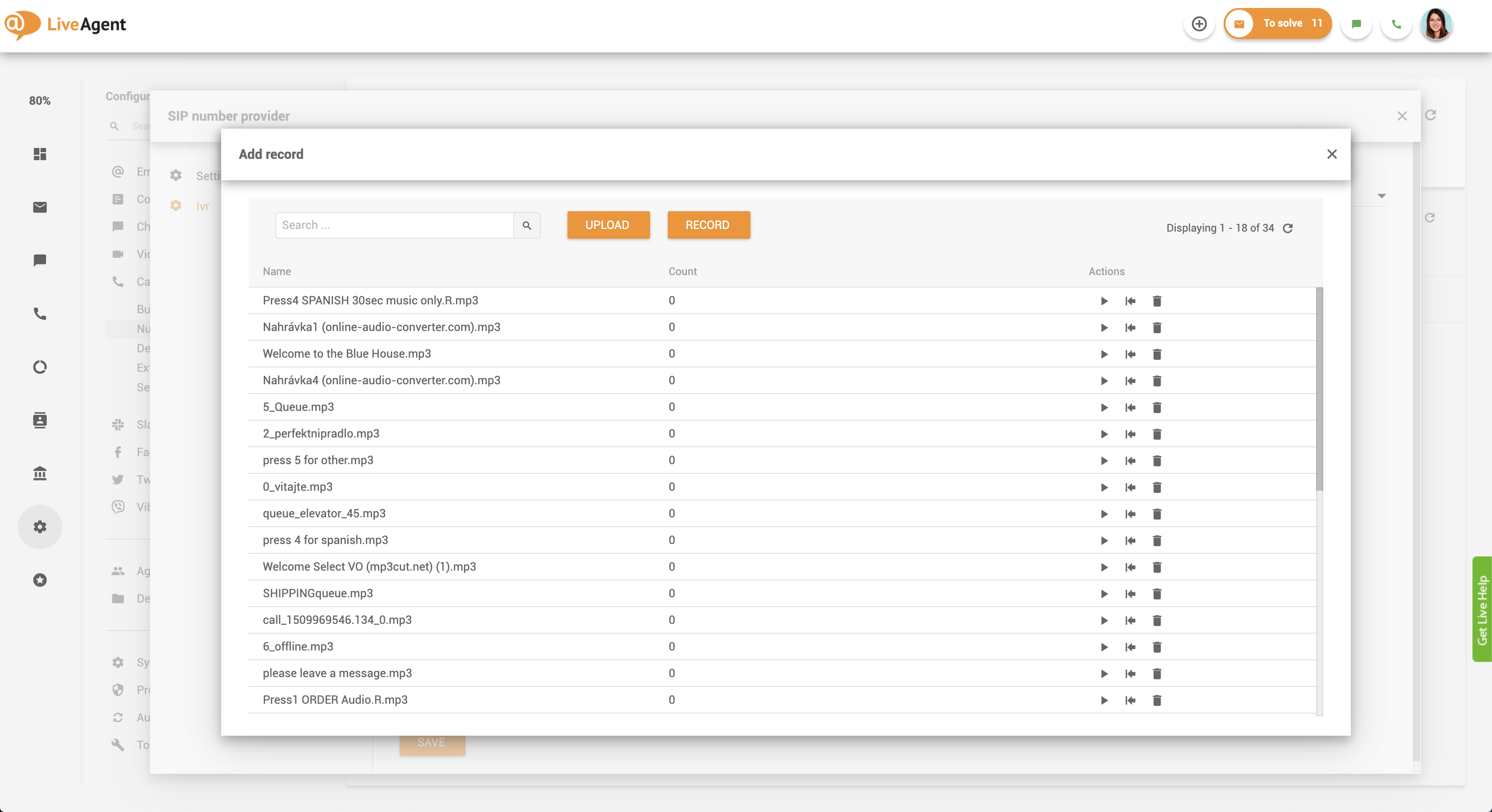 Nastavitev povratnega klica - IVR sporočila v LiveAgent