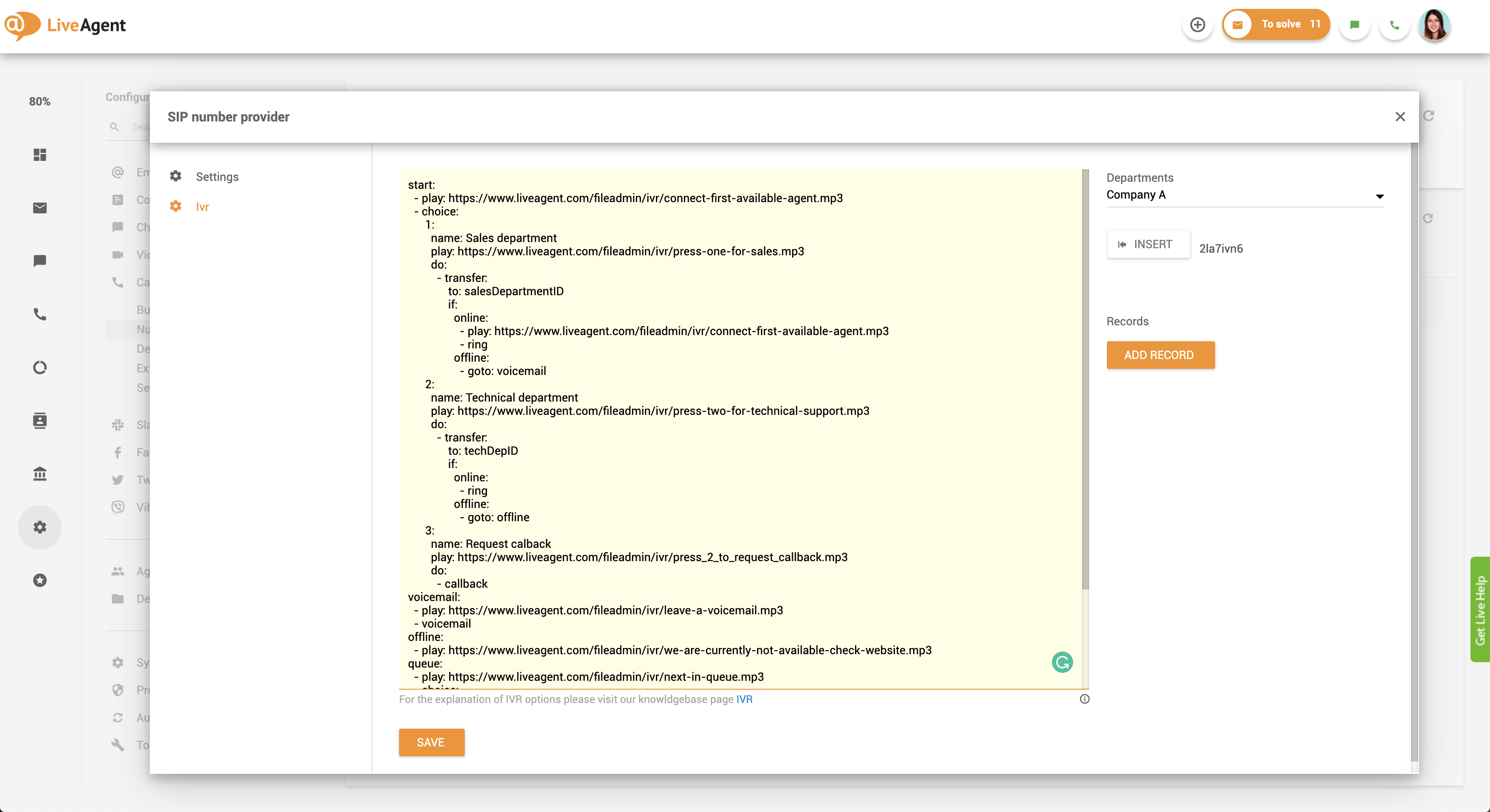 Nastavitev povratnega klica - IVR skript v LiveAgent