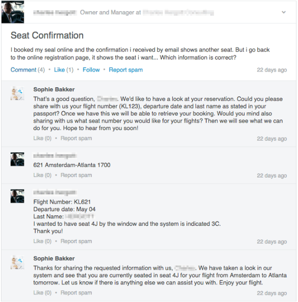 Odgovor KLM Airlines na vprašanje stranke na LinkedIn
