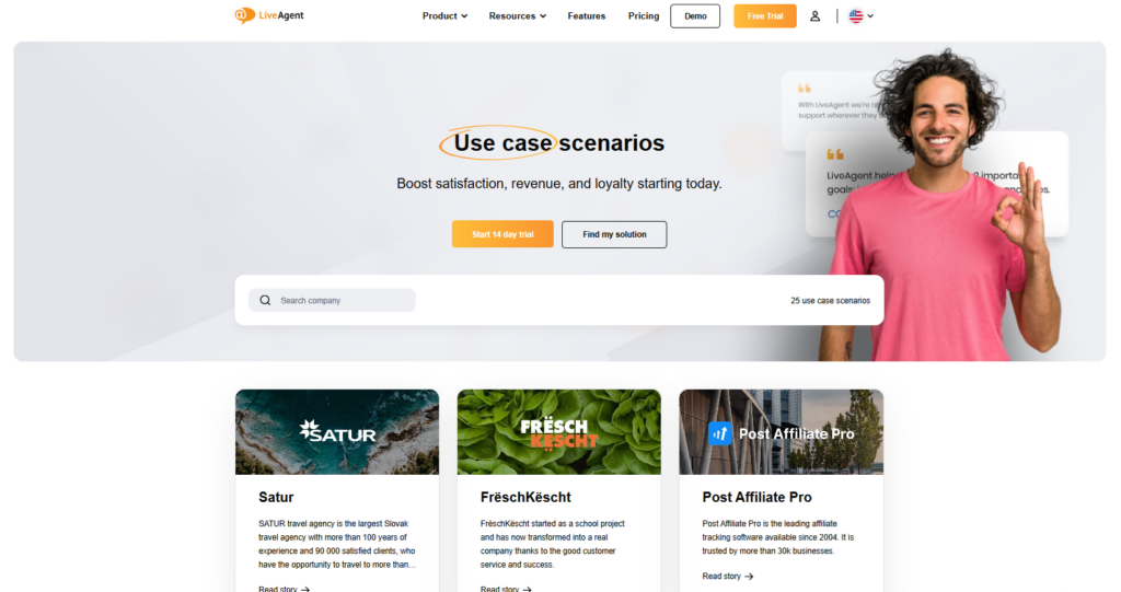 Posnetek zaslona spletne strani LiveAgent, kjer delijo zgodbe o uspehu svojih strank