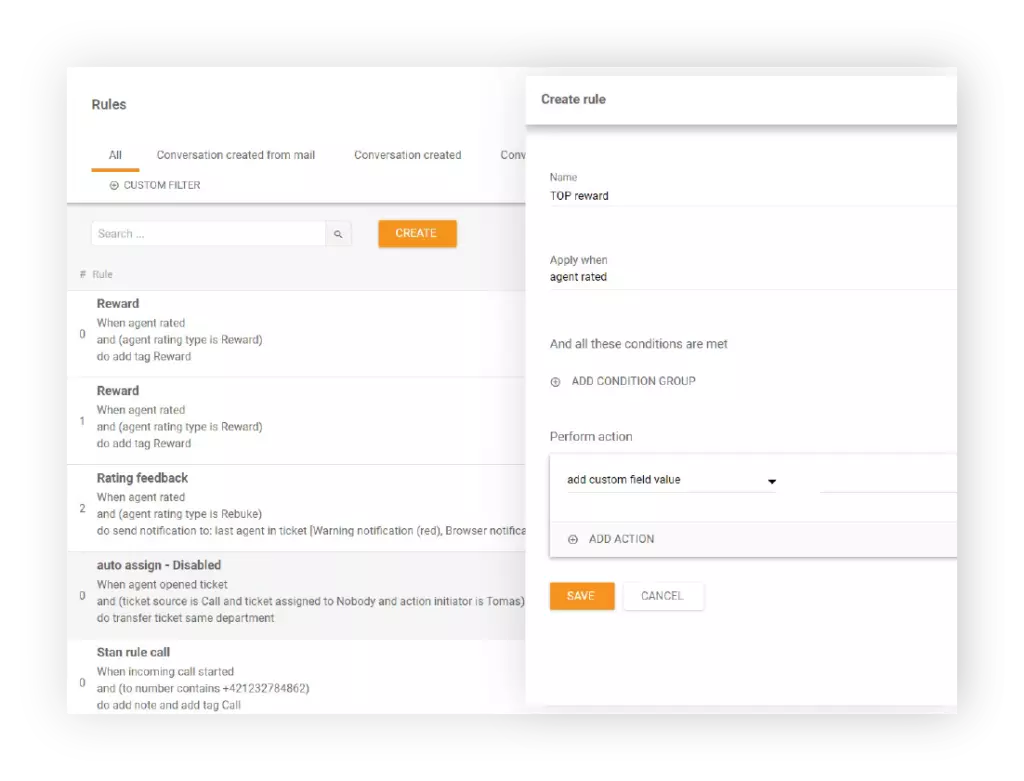 Primer funkcije Pravila v LiveAgent
