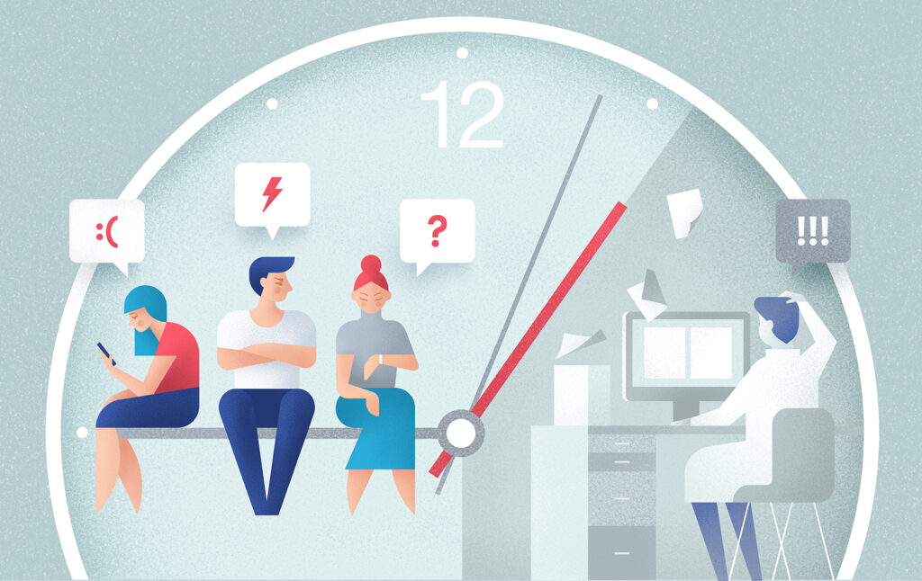 Ilustracija strank, ki čakajo na podporo strank