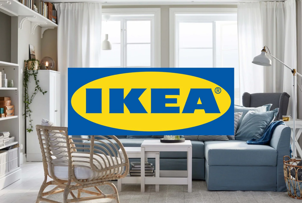 Slika logotipa Ikea, ki prikazuje tudi njihov pohištvo