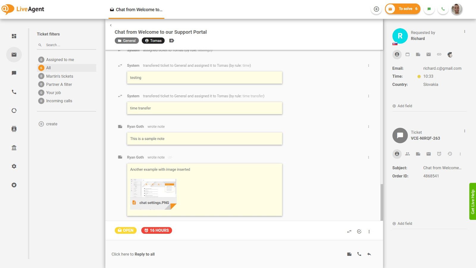 Primer zasebnih opomb LiveAgent