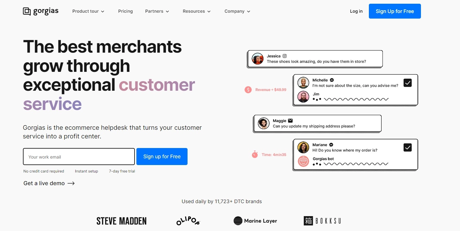 Domača stran Gorgias - programska oprema za e-commerce live chat, osredotočena na dobiček
