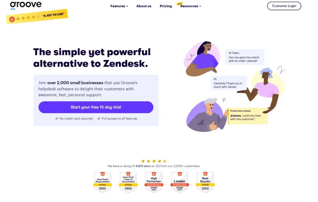 Domača stran Groove - Poenostavljeni Zendesk alternative za majhna podjetja