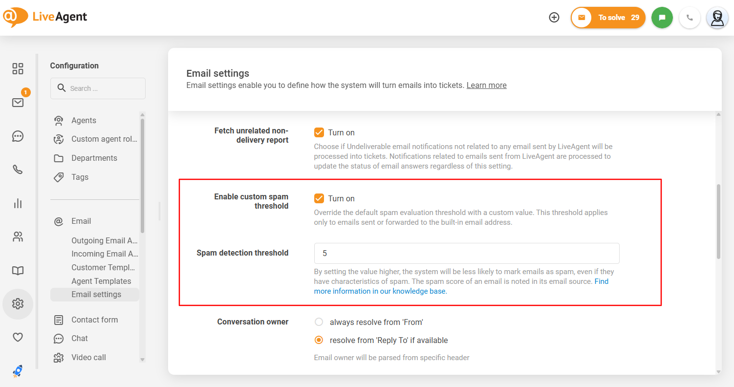 Vmesnik prilagodljivega praga neželene pošte LiveAgent