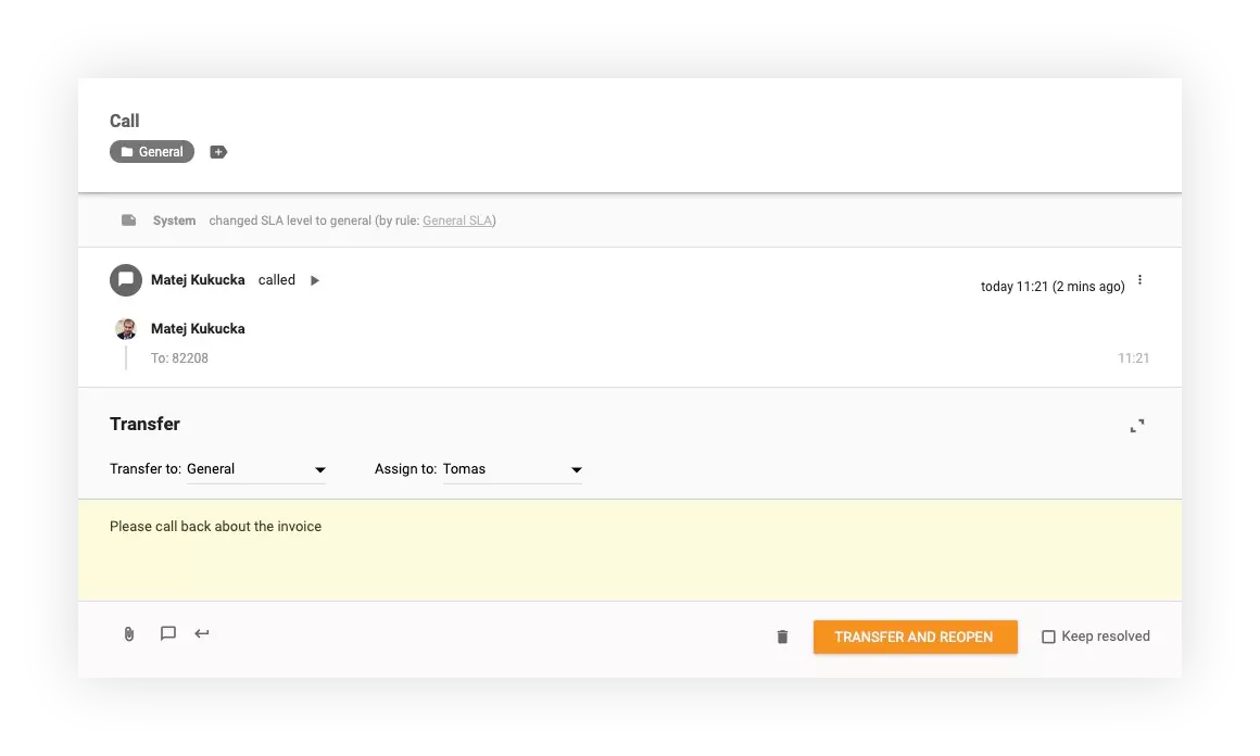 Posnetek zaslona prikazuje, kako prenesti klice v LiveAgent na druge oddelke in agente