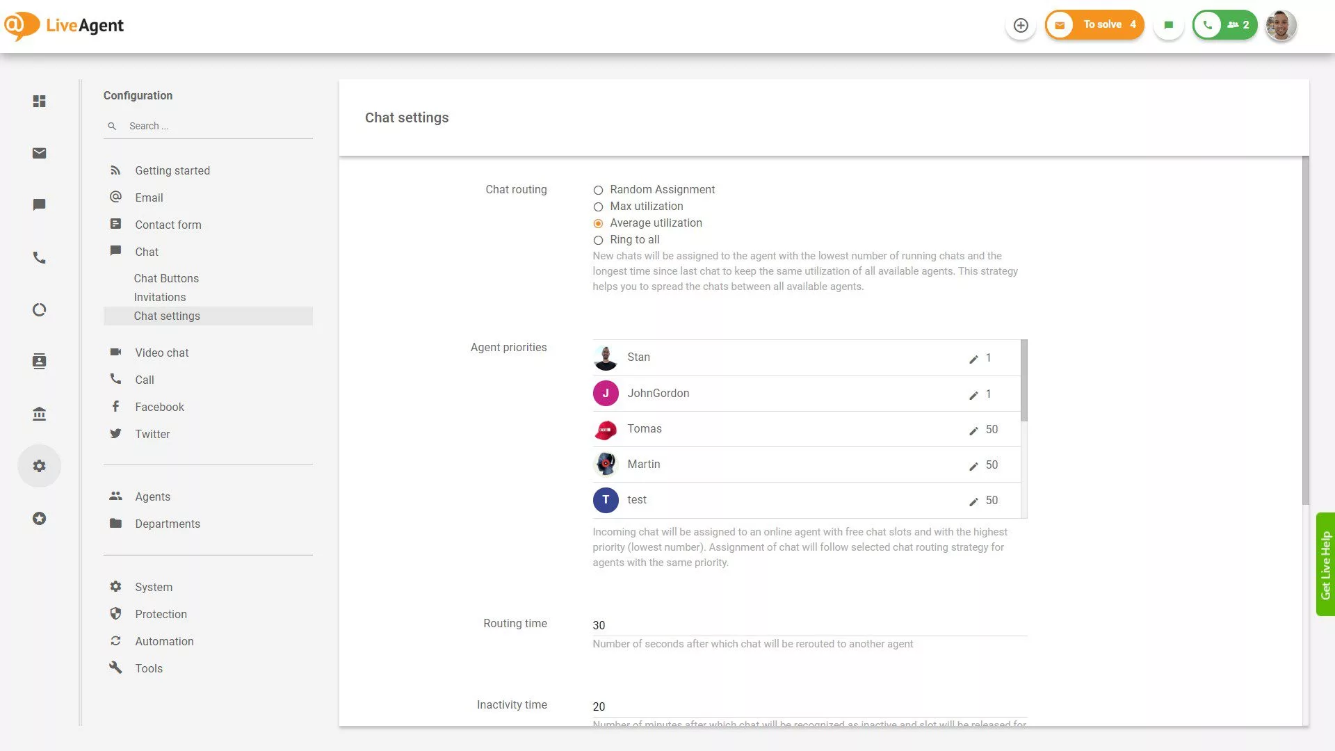 Nastavitve klepeta LiveAgent