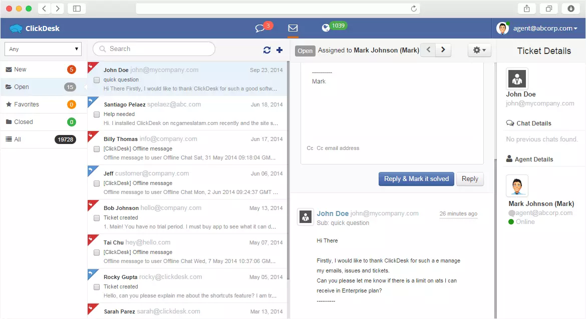 ClickDesk nadzorna plošča in live chat