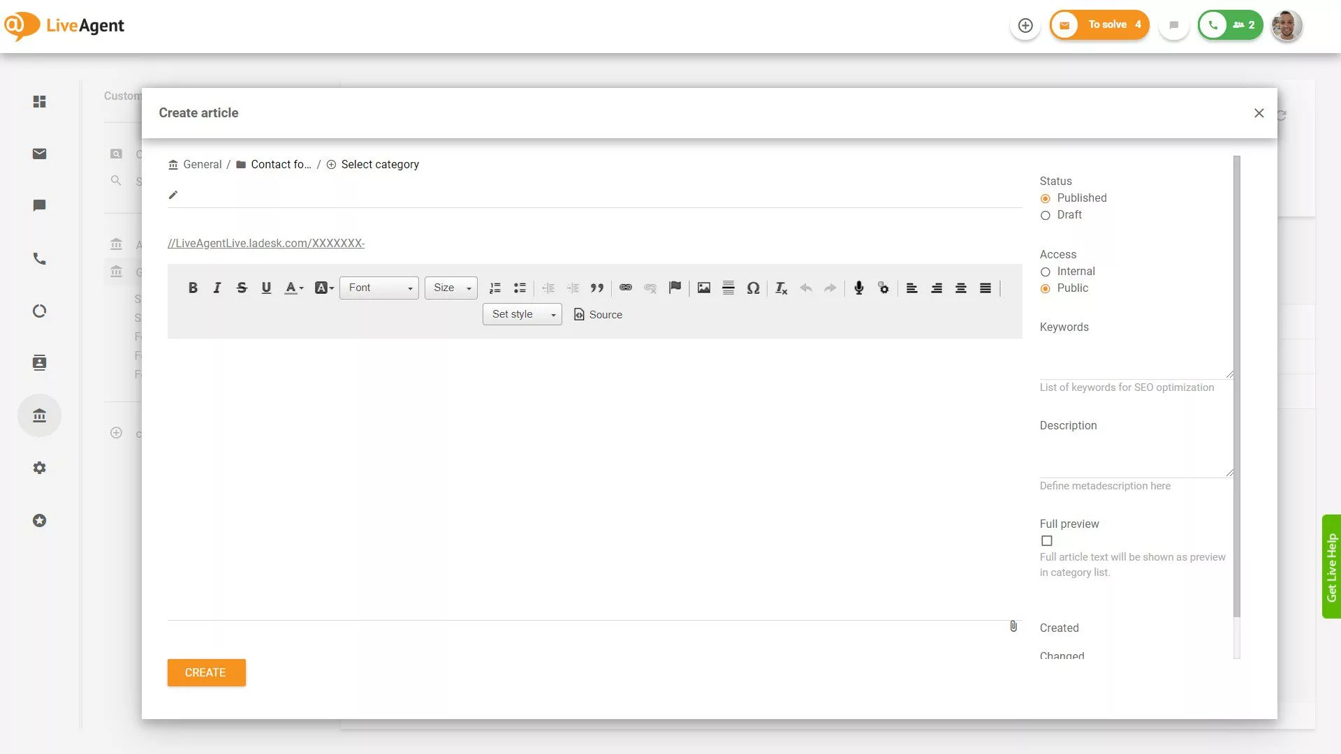 LiveAgent ustvarjanje članka baze znanja