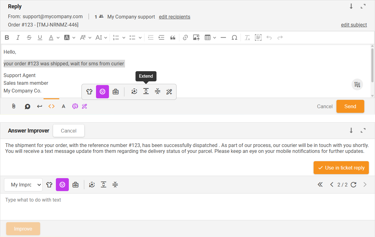 Razširi funkcijo AI Answer Improver - pregled vmesnika