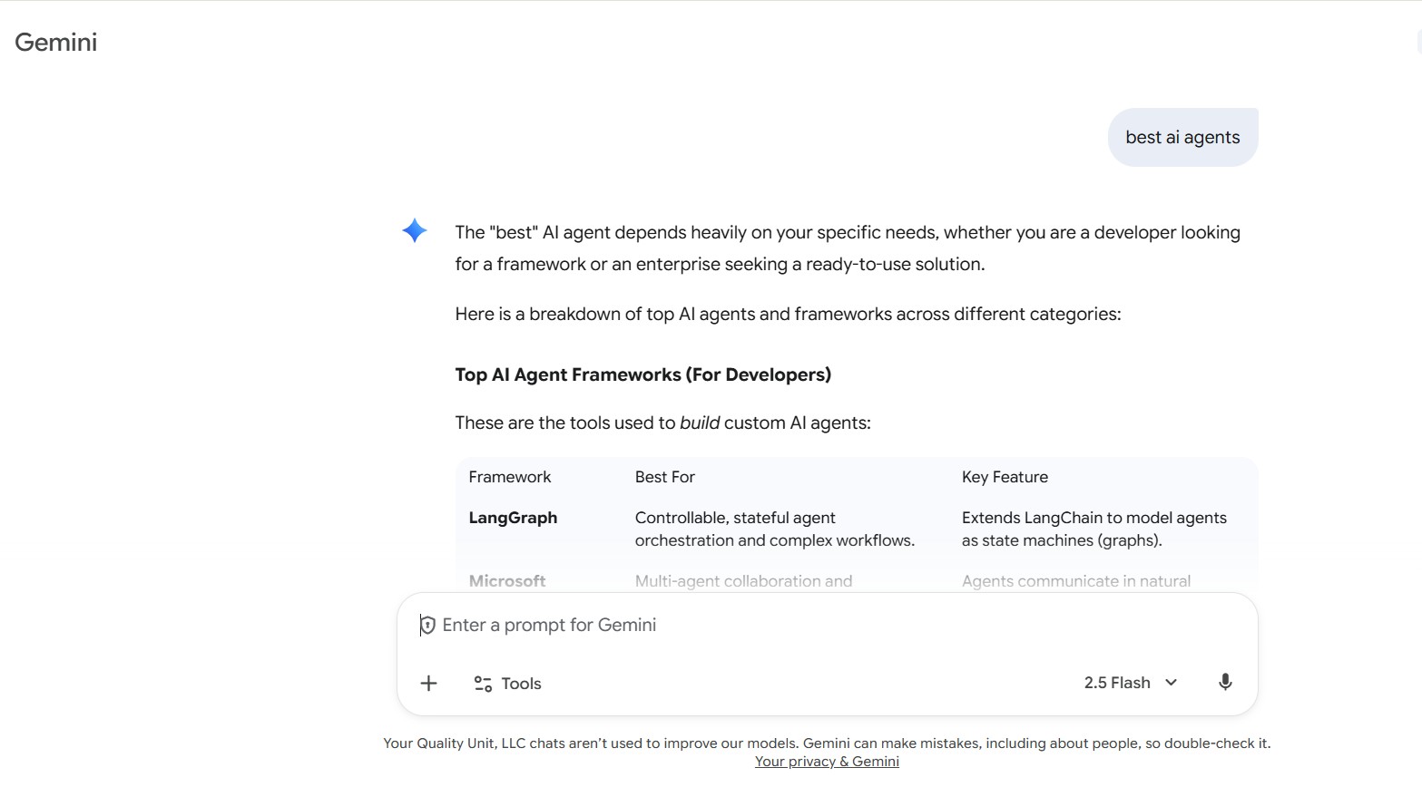 Okno vmesnika Google Gemini AI chatbota