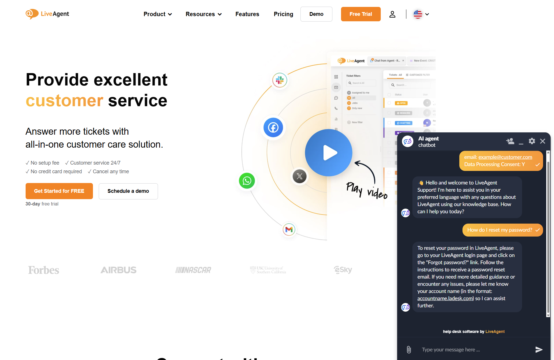 Pogovor AI chatbota LiveAgent v klepetu na strani LiveAgent