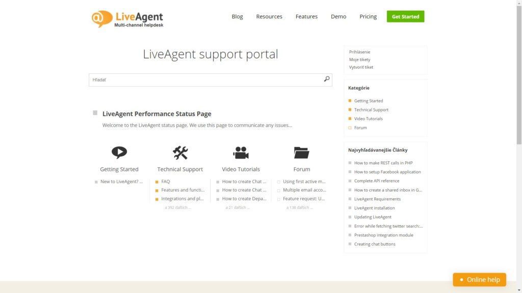 Podporni portal LiveAgent. Odličen primer enostavno iskalne baze znanja.