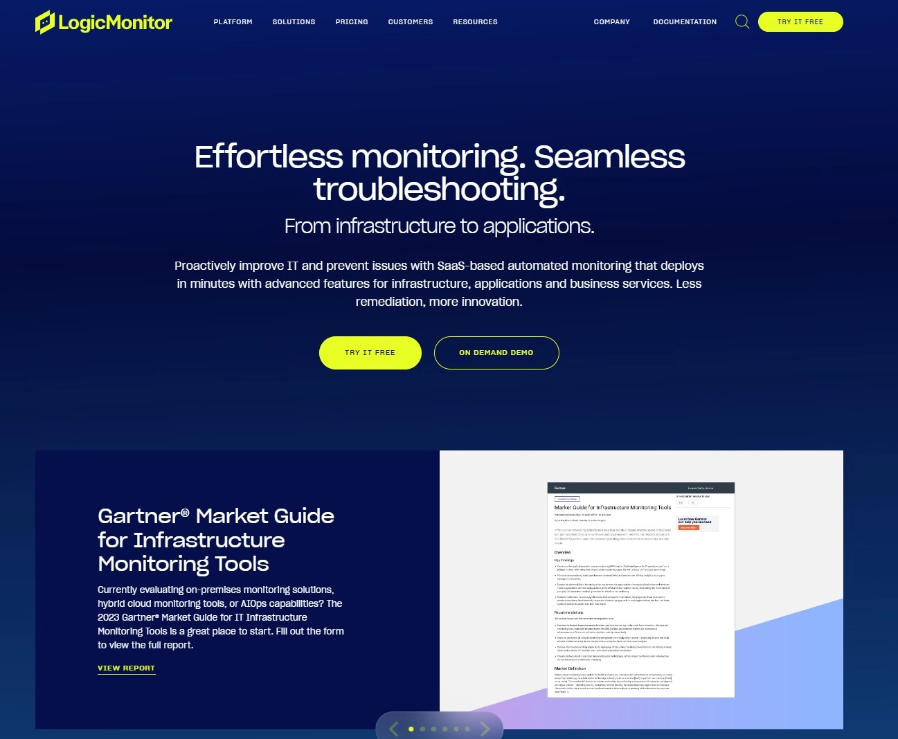 Posnetek zaslona domače strani LogicMonitor - platforma IT zmogljivosti za enostavno spremljanje in odpravljanje težav