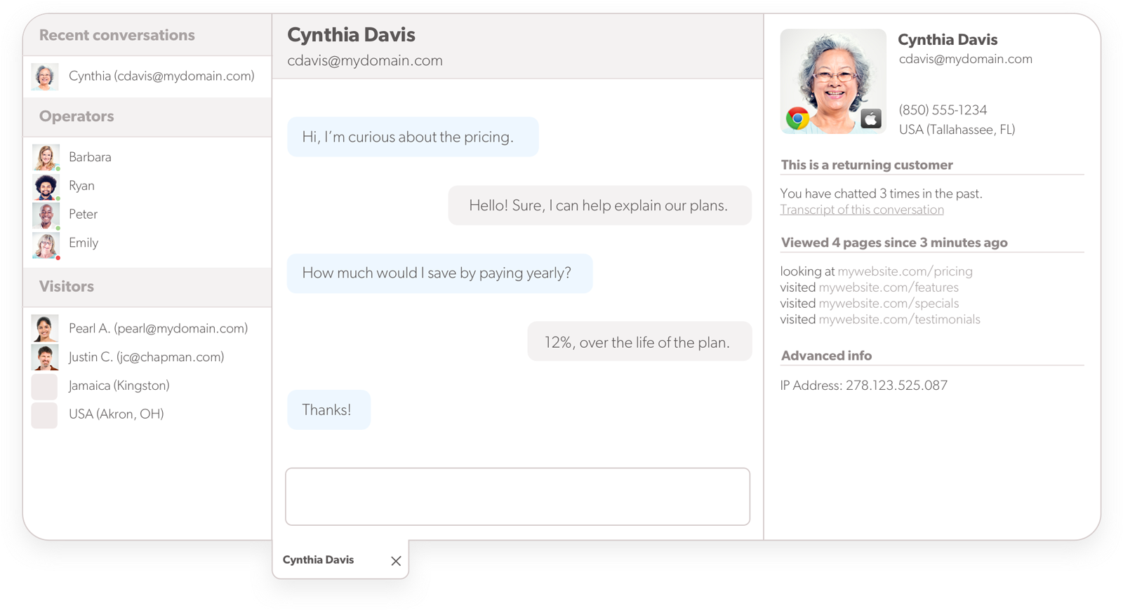 Pogled agenta na tekoči live chat Olark programska oprema za live chat