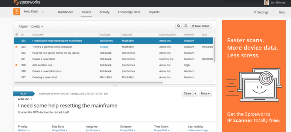 Brezplačna storitev upravljanja vstopnic Spiceworks