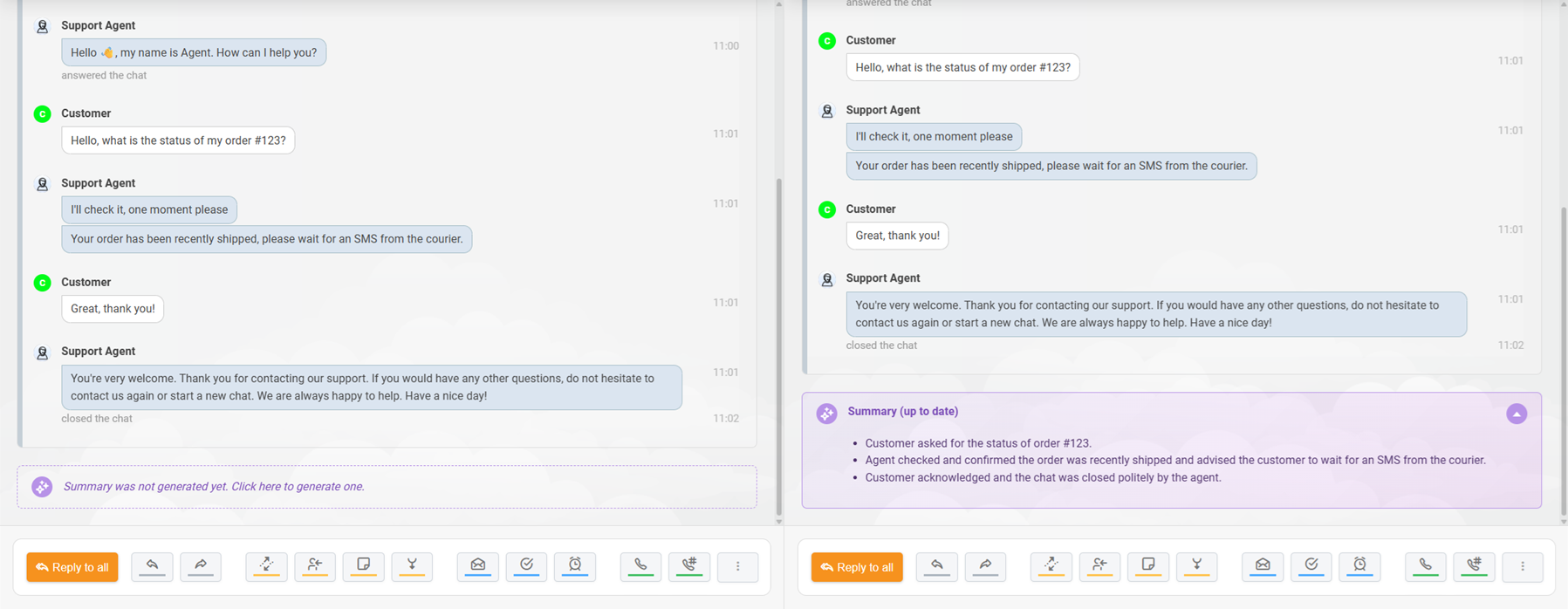 AI povzetek voščilnice LiveAgent, ustvarjen za klepetalni pogovor