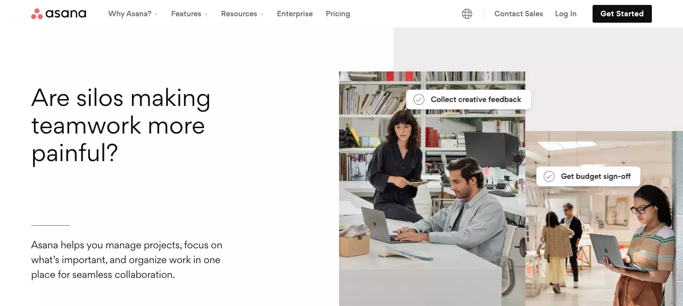 Domača stran Asane - izboljšajte učinkovitost v vaši organizaciji z izboljšanjem sodelovanja v timu, organizacijo dela in ohranjanjem transparentnosti.