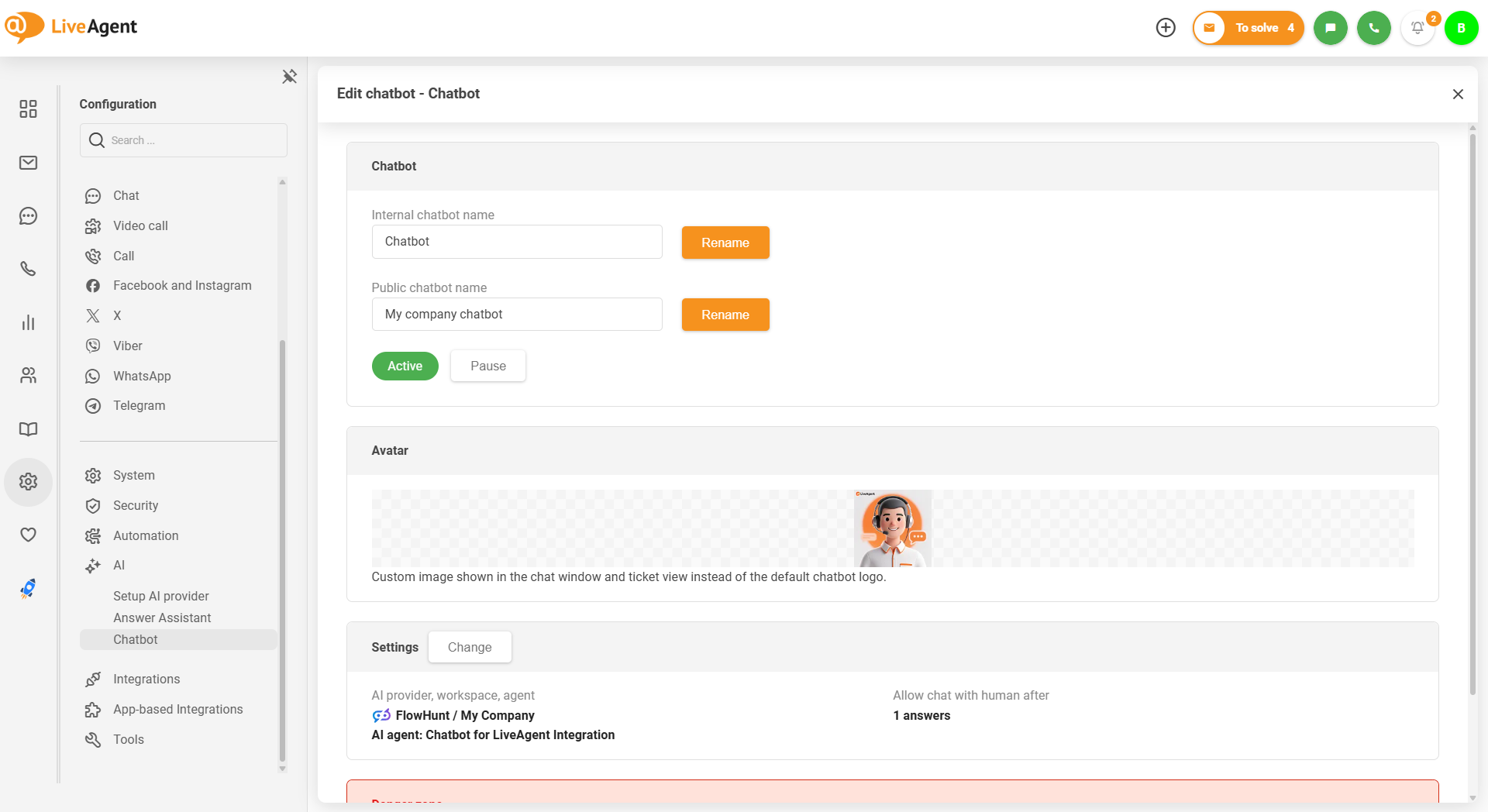 AI chatbot LiveAgent s prilagojenim naloženjem slike avatarja
