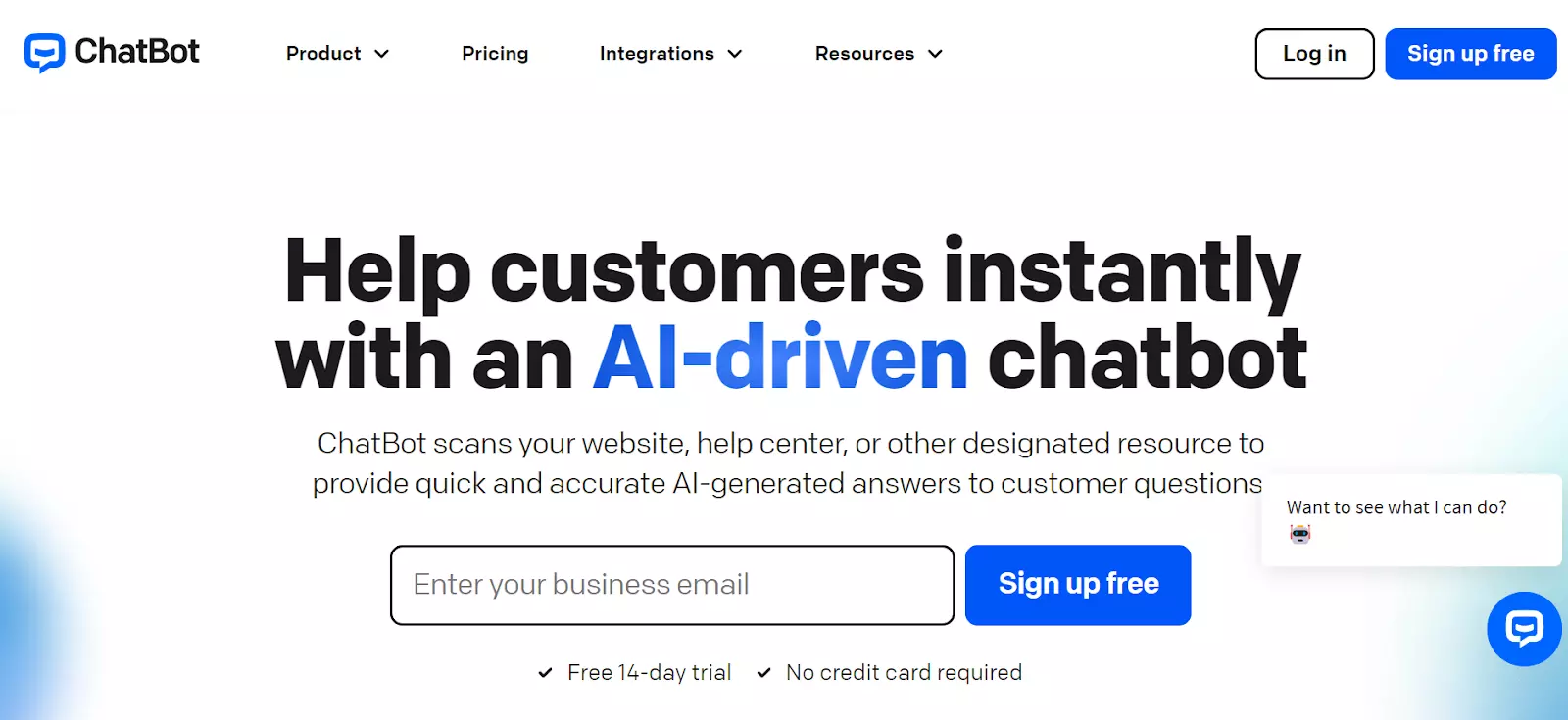 Posnetek zaslona domače strani ChatBot - zagotovite odgovore, ustvarjene z umetno inteligenco, z njihovim močnim klepetalnim robotom
