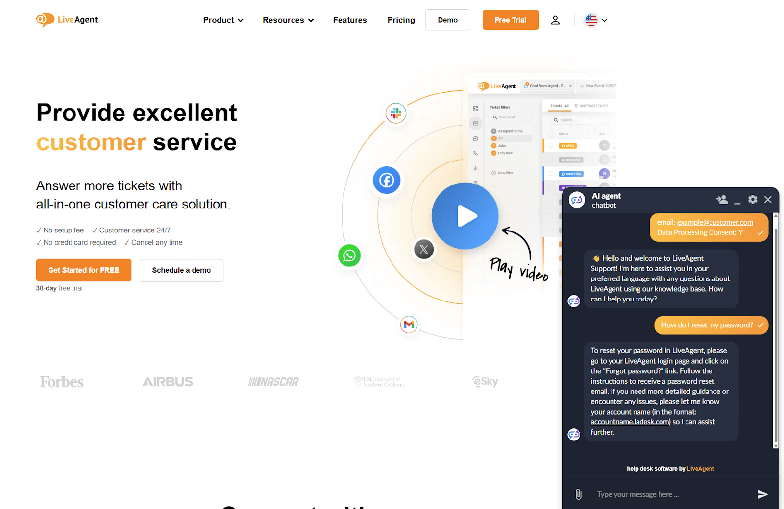Posnetek pogovora o podpori strankam z LiveAgent AI Chatbotom