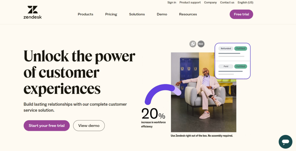 Domača stran Zendesk Suite - programska oprema za e-commerce live chat, osredotočena na odnose
