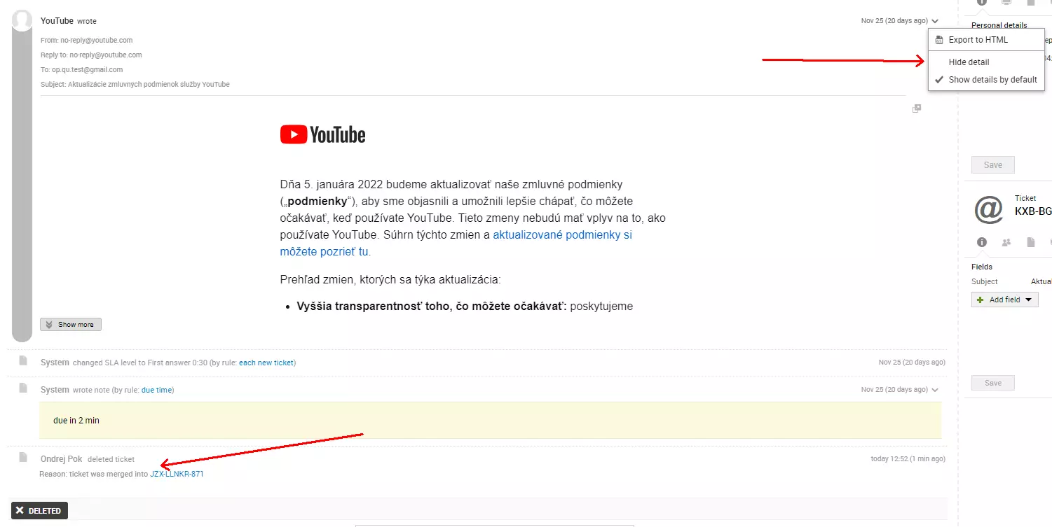 Slika, ki prikazuje napako vira e-pošte po združitvi dveh vstopnic, težava, ki je bila prisotna v prejšnjih različicah LiveAgent