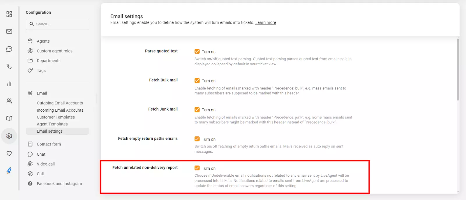 Nastavitve e-pošte v LiveAgent-u, ki prikazuje možnost 'pridobi nepovezano poročilo o nedostavi'