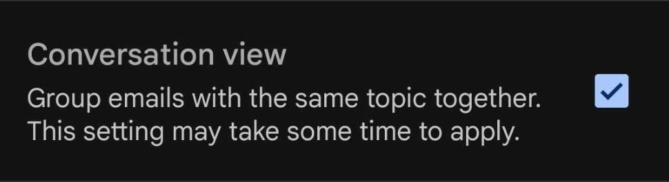 Potrditveno polje za vklop/izklop pogleda pogovora v Gmail aplikaciji