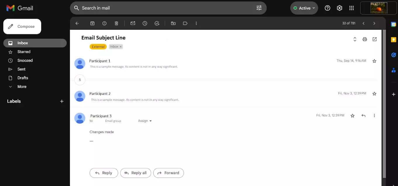 Primer e-poštne niti med več udeleženci skozi čas