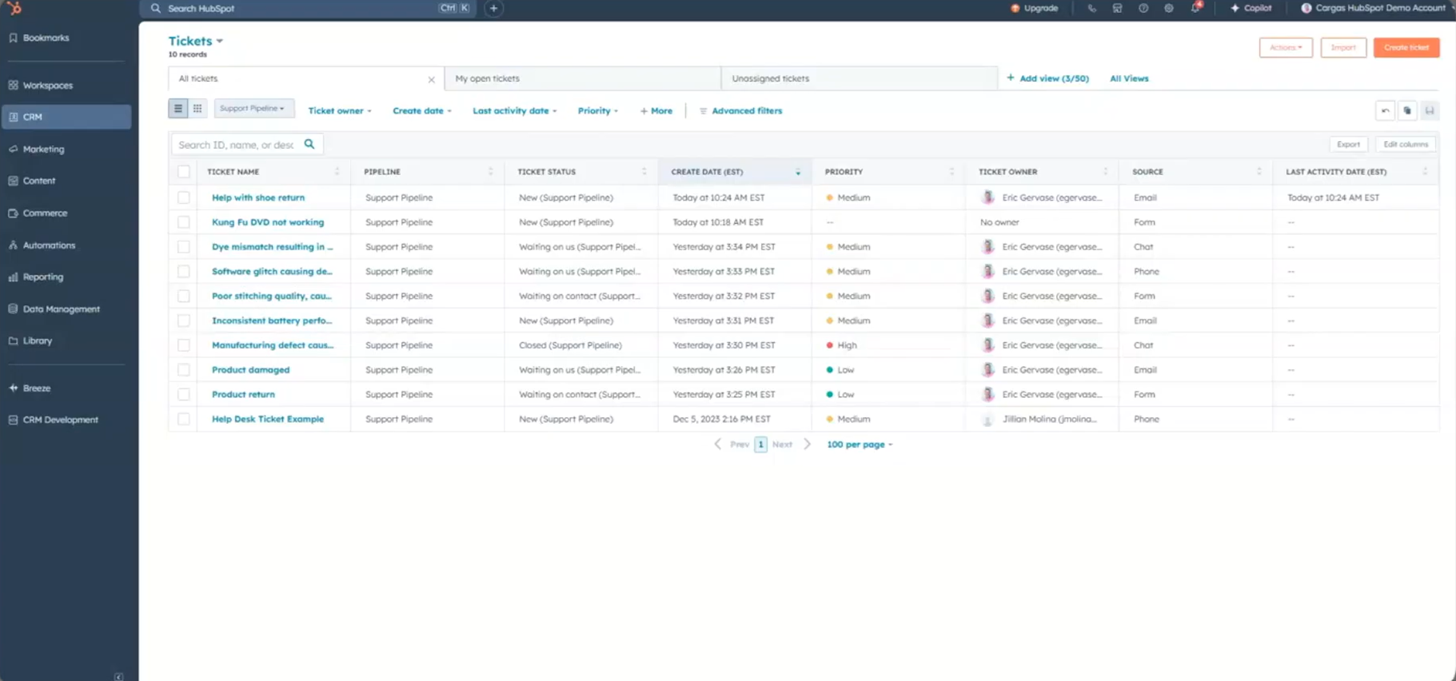 HubSpot Service Hub brezplačen paket – skupni nabiralnik z zahtevki strank