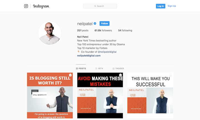 Neil Patel deli strokovno znanje digitalnega trženja na Instagramu
