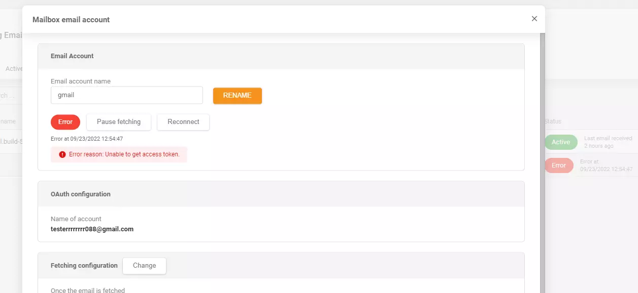 LiveAgent - Odstranjeno sporočilo o napaki po dodajanju Gmail računa za dohodno pošto
