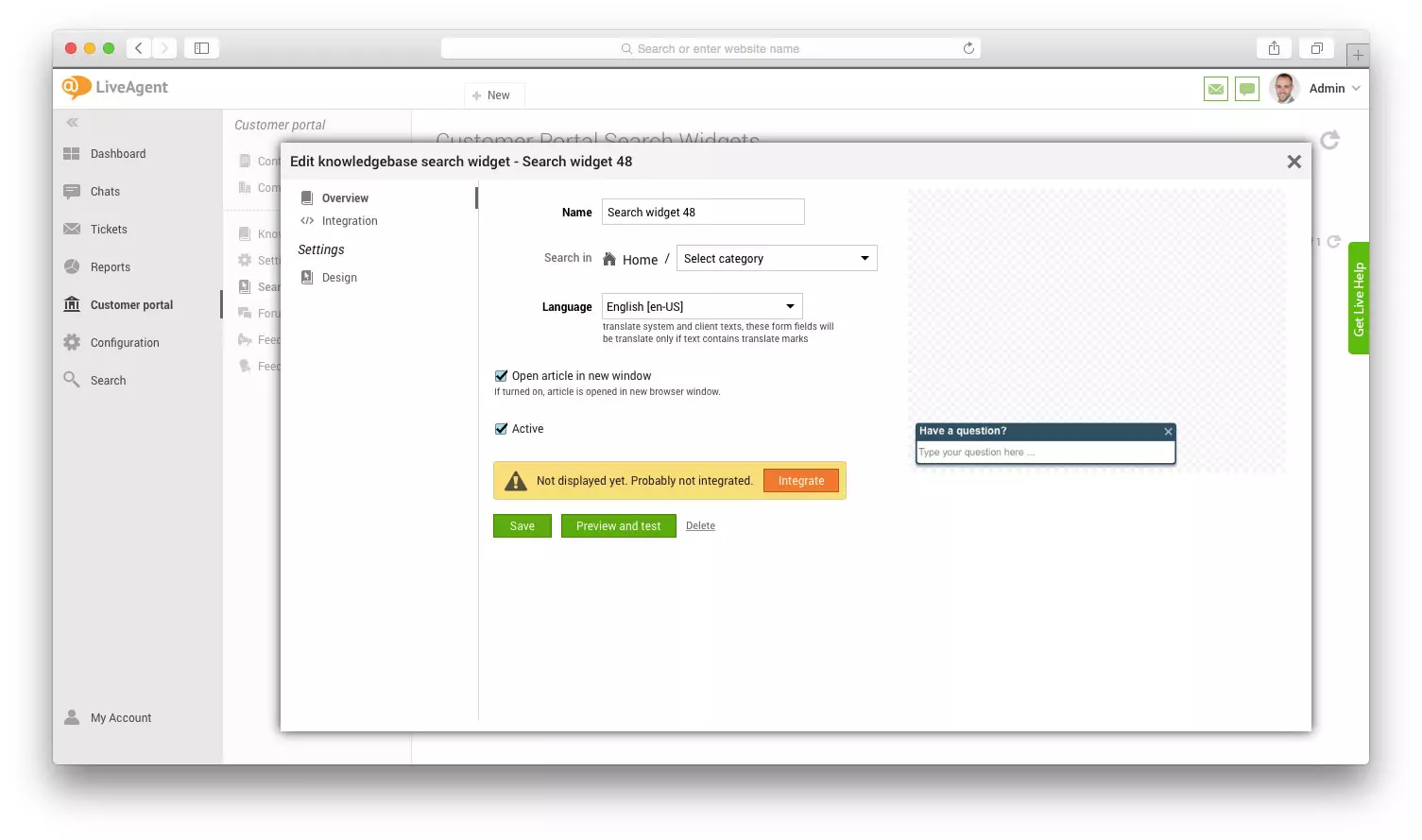 Uredi gradnik iskanja baze znanja v LiveAgent
