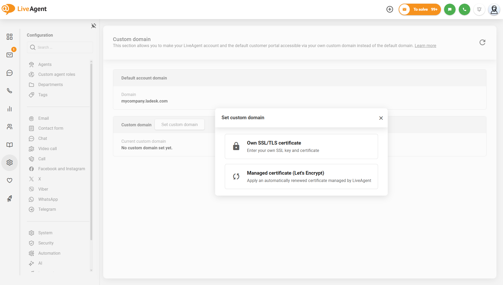 Nastavitve lastne domene LiveAgent z možnostjo upravljanega certifikata Let's Encrypt