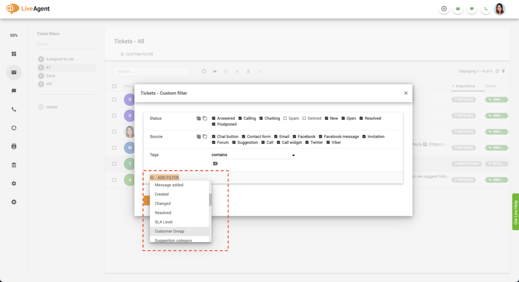 LiveAgent Dodaj filter stranke