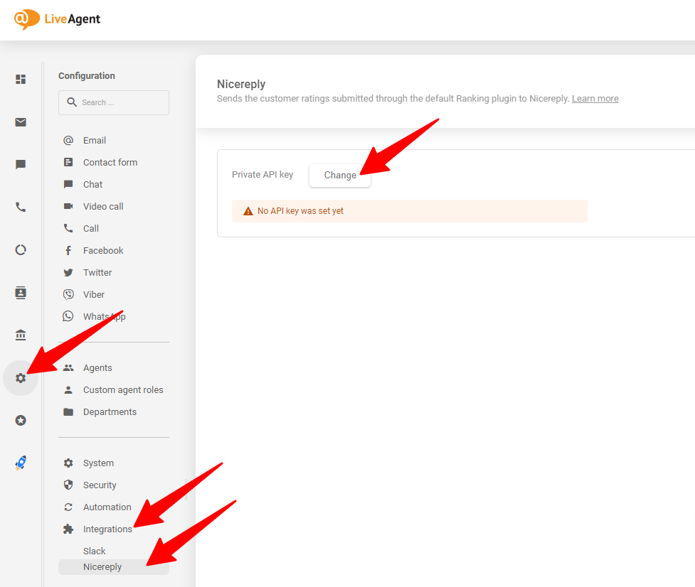 Slika prikazuje, kam umestiti ustvarjeni ključ API v vašem računu LiveAgent