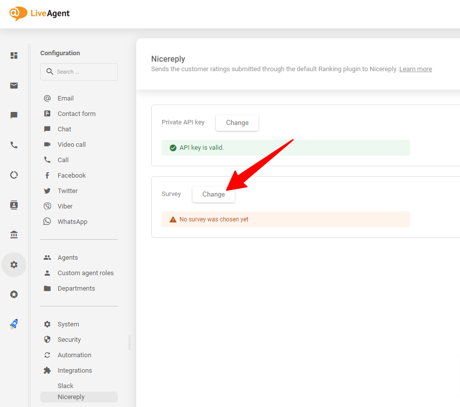 Izberite anketo Nicereply, ki jo želite, po prilepljenju ključa API v vaš LiveAgent