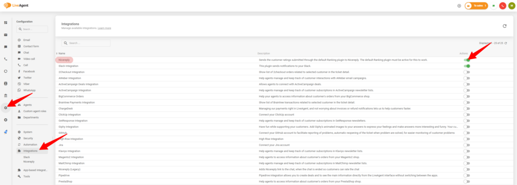 Proces omogočanja integracije z Nicereply v nastavitvah LiveAgent