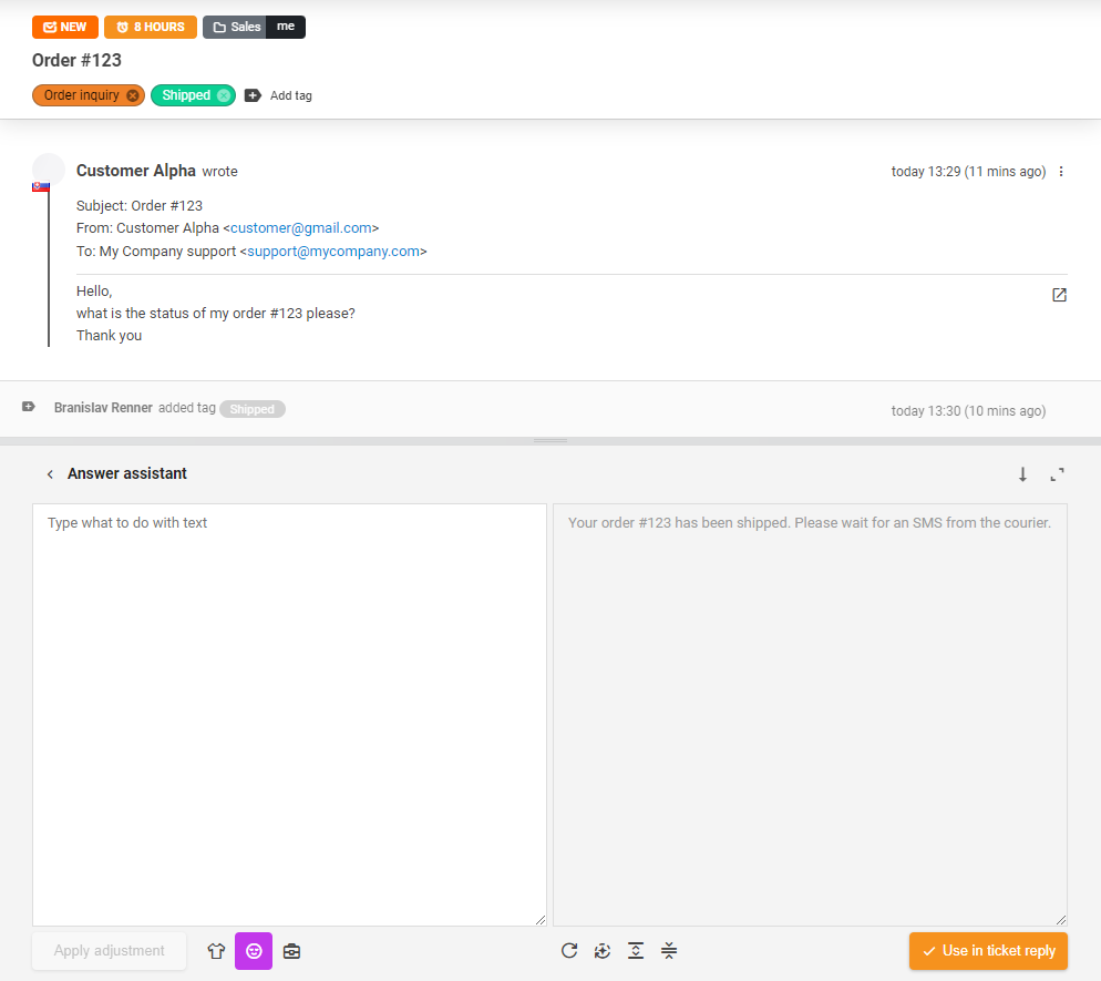 Orodje AI Answer Assistant v uporabi za odgovor na vozovnico
