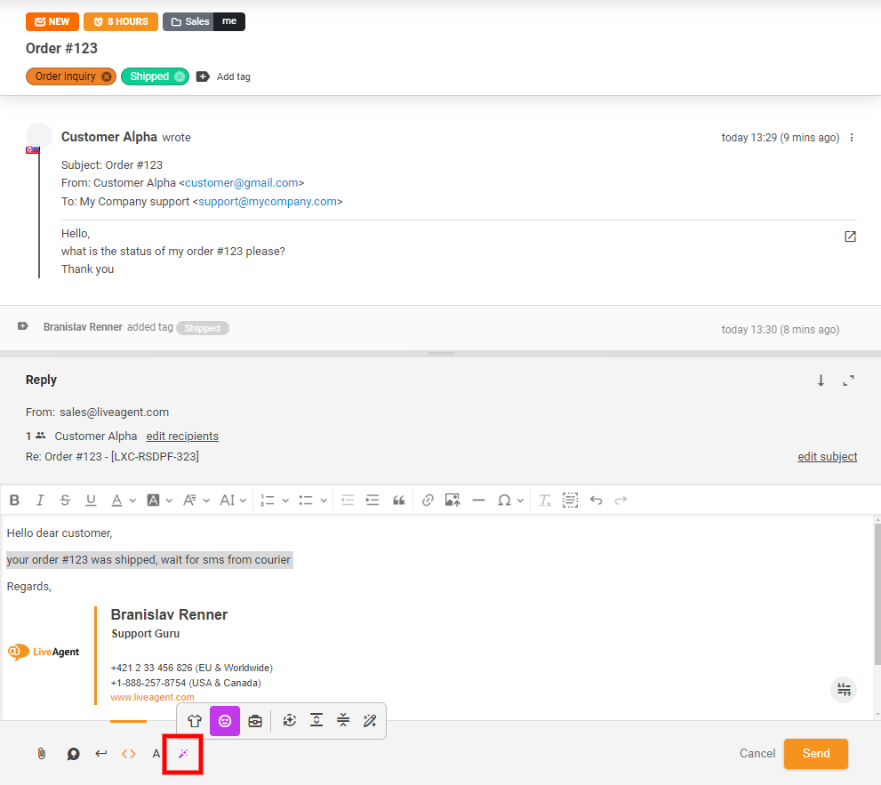 Posnetek zaslona gumba AI Answer Assistant v pogledu klepeta